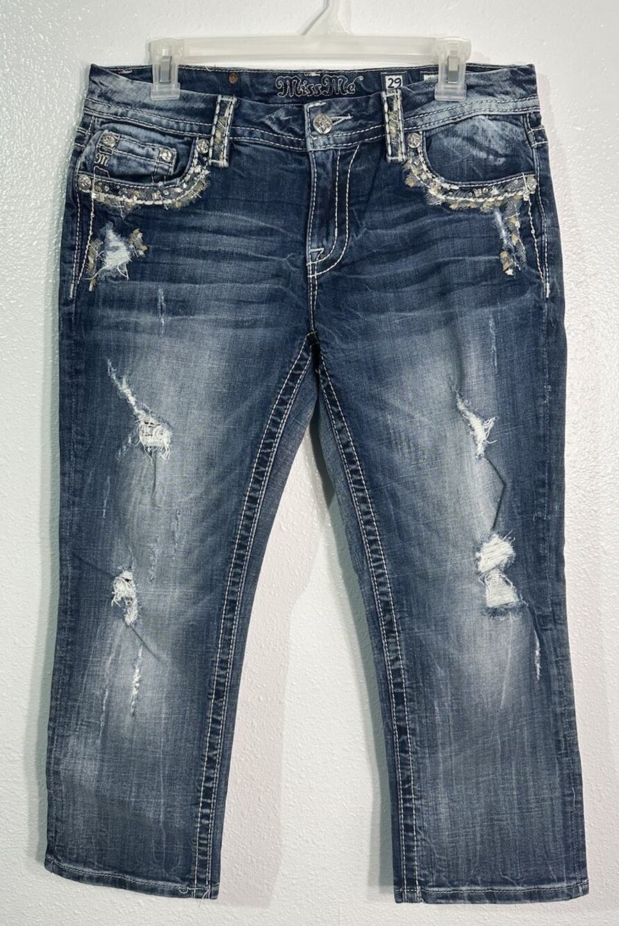 Miss Me Womens Jeans 29 Capri Cropped Rhinestone Distressed Embellished Denim